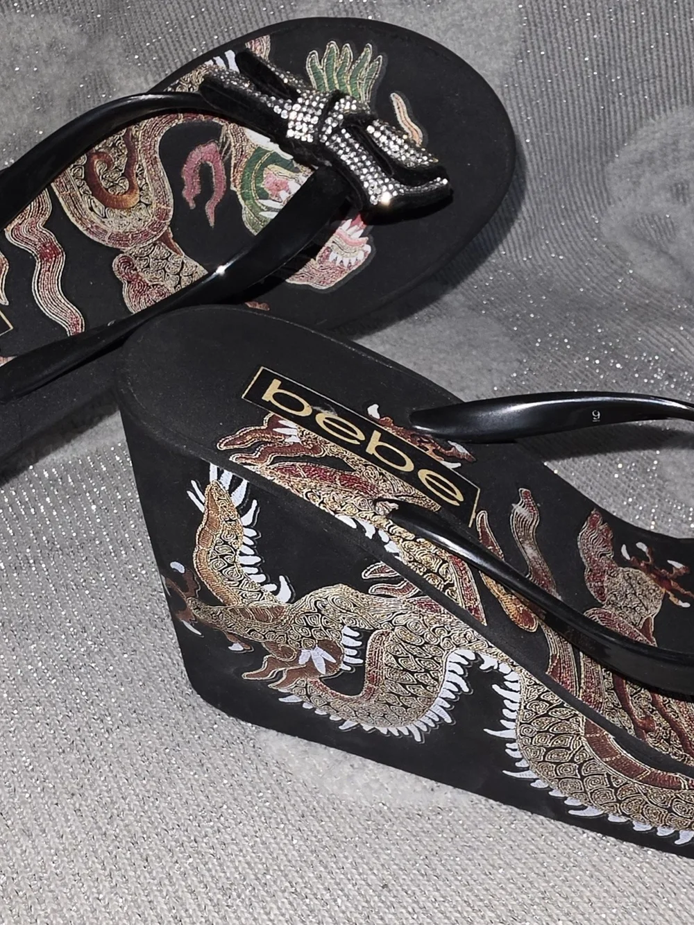 bebe Y2k Black Jeweled Dragon Wedge Flip Flops